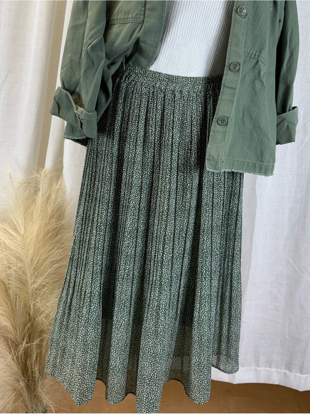 Mikarose Olive Green Printed Pleated Midi Skirt